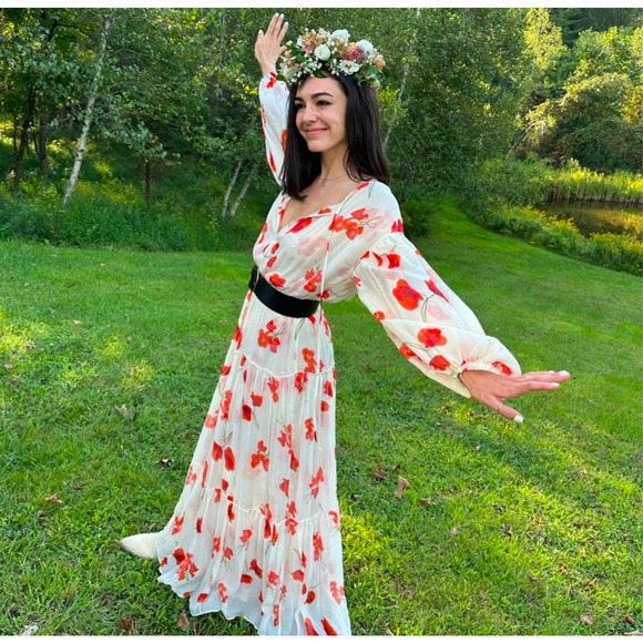 Reformation The Collection 100% Silk Floral Maxi Dress White Red M 62” Long - Picture 4 of 8